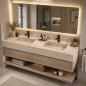 Preview: Muxing Badmöbel-Set mit Sinterstein-Doppelwaschbecken in Travertine look, verdecktem Ablauf, Spiegel, Unterschrank, Ablage, Ablaufgarnitur【NF6848 K】