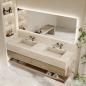 Preview: Muxing Badmöbel-Set mit Sinterstein-Doppelwaschbecken in Travertine look, verdecktem Ablauf, Spiegel, Unterschrank, Ablage, Ablaufgarnitur【SPX57-DS】