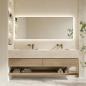 Preview: Muxing Badmöbel-Set mit Sinterstein-Doppelwaschbecken in Travertine look, verdecktem Ablauf, Spiegel, Unterschrank, Ablage, Ablaufgarnitur【SPX57-DS】