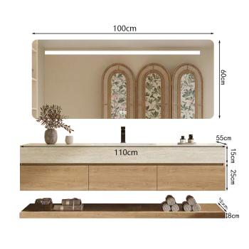 Muxing Wandhängendes Waschbecken-Set - Sinterstein - Travertine look, mit Spiegel, Unterschrank, Ablage & Ablauf, mit Armaturenloch【YT9865-K】