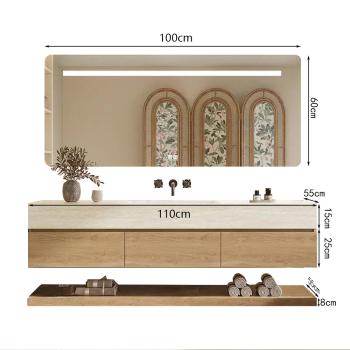 Muxing Wandhängendes Waschbecken-Set - Sinterstein - Travertine look,mit Spiegel, Unterschrank, Ablage & Ablauf, ohne Armaturenloch【YT9865 BKK】