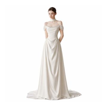 Muxing  Damen Brautkleid Off Shoulder Hochzeitskleid Bodenlang Elegant Satin Kleid Hochzeit