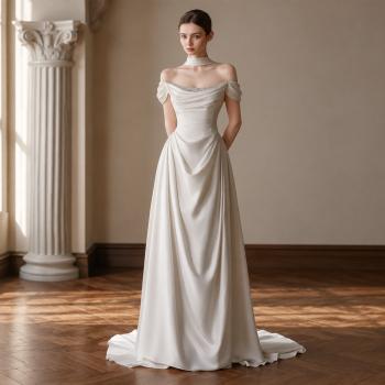 Preview: Muxing  Damen Brautkleid Off Shoulder Hochzeitskleid Bodenlang Elegant Satin Kleid Hochzeit