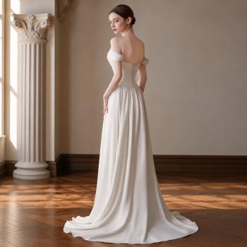 Preview: Muxing  Damen Brautkleid Off Shoulder Hochzeitskleid Bodenlang Elegant Satin Kleid Hochzeit