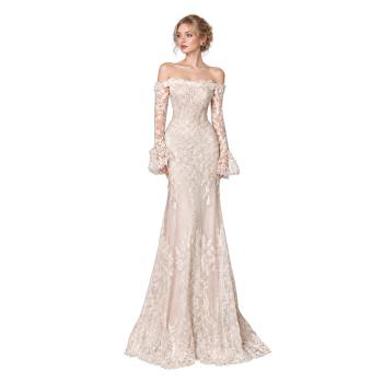 Muxing Damen Brautkleid Spitze Meerjungfrau Hochzeitskleid Schulterfrei Langarm Bodenlang Brautkleid Weiß ohne Schleier