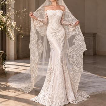 Preview: Muxing Damen Brautkleid Spitze Meerjungfrau Hochzeitskleid Schulterfrei Langarm Bodenlang Brautkleid Weiß ohne Schleier
