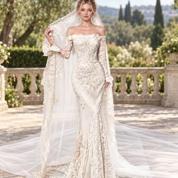 Muxing Damen Brautkleid Spitze Meerjungfrau Hochzeitskleid Schulterfrei Langarm Bodenlang Brautkleid Weiß ohne Schleier