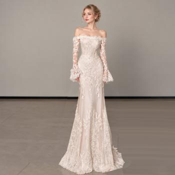 Muxing Damen Brautkleid Spitze Meerjungfrau Hochzeitskleid Schulterfrei Langarm Bodenlang Brautkleid Weiß ohne Schleier