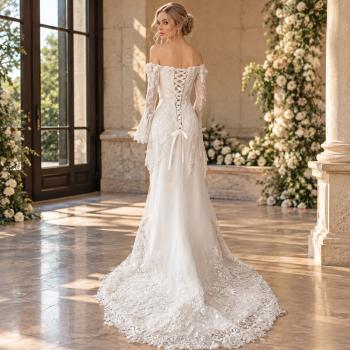 Preview: Muxing Damen Brautkleid Spitze Meerjungfrau Hochzeitskleid Schulterfrei Langarm Bodenlang Brautkleid Weiß ohne Schleier