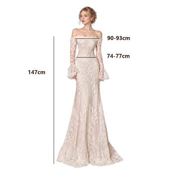 Muxing Damen Brautkleid Spitze Meerjungfrau Hochzeitskleid Schulterfrei Langarm Bodenlang Brautkleid Weiß ohne Schleier