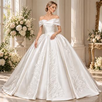 Muxing Damen Brautkleid Prinzessin Off Shoulder Hochzeitskleid Bodenlang mit Reifrock