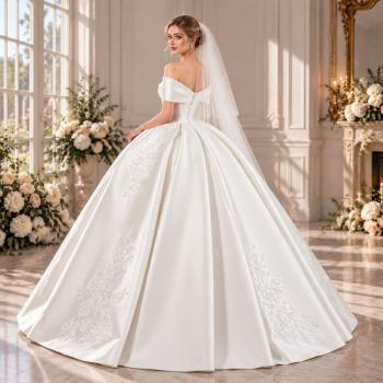 Preview: Muxing Damen Brautkleid Prinzessin Off Shoulder Hochzeitskleid Bodenlang mit Reifrock
