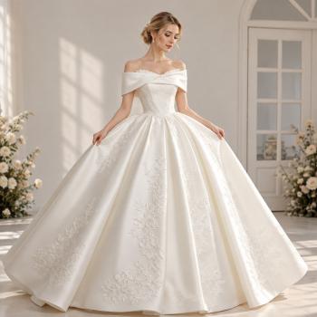 Preview: Muxing Damen Brautkleid Prinzessin Off Shoulder Hochzeitskleid Bodenlang mit Reifrock