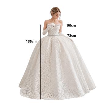 Muxing Damen Brautkleid Spitze Prinzessin Hochzeitskleid Trägerlos Bodenlang Ballkleid mit Handschuhen und Schleier