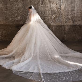 Preview: Muxing Damen Brautkleid Prinzessin Hochzeitskleid Bodenlang mit Glitzer Elegant ohne Schleier