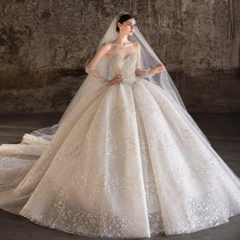 Preview: Muxing Damen Brautkleid Prinzessin Hochzeitskleid Bodenlang mit Glitzer Elegant ohne Schleier