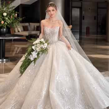 Muxing Damen Brautkleid Prinzessin Hochzeitskleid Bodenlang mit Glitzer Elegant ohne Schleier