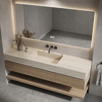 Muxing Badmöbel-Set mit Sinterstein-Waschbecken in Travertine look, verdecktem Ablauf, Spiegel, Unterschrank, Ablage, Ablaufgarnitur 【NF1798 BKK】