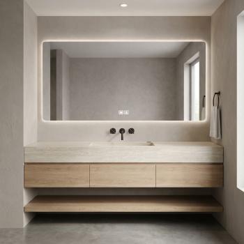 Preview: Muxing Badmöbel-Set mit Sinterstein-Waschbecken in Travertine look, verdecktem Ablauf, Spiegel, Unterschrank, Ablage, Ablaufgarnitur 【NF1798 BKK】