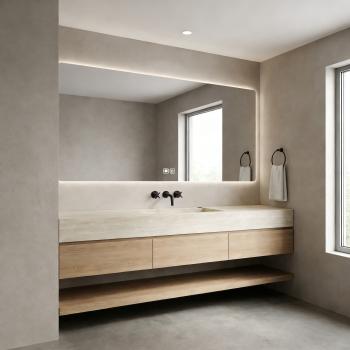 Preview: Muxing Badmöbel-Set mit Sinterstein-Waschbecken in Travertine look, verdecktem Ablauf, Spiegel, Unterschrank, Ablage, Ablaufgarnitur 【NF1798 BKK】