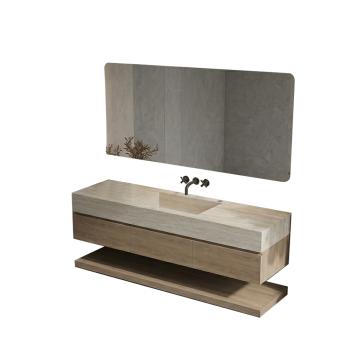 Muxing Badmöbel-Set mit Sinterstein-Waschbecken in Travertine look, verdecktem Ablauf, Spiegel, Unterschrank, Ablage, Ablaufgarnitur 【NF1798 BKK】