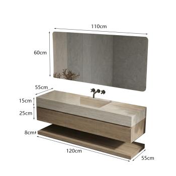Muxing Badmöbel-Set mit Sinterstein-Waschbecken in Travertine look, verdecktem Ablauf, Spiegel, Unterschrank, Ablage, Ablaufgarnitur 【NF1798 BKK】