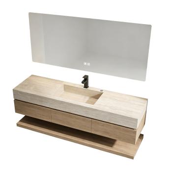 Muxing Badmöbel-Set mit Sinterstein-Waschbecken in Travertine look, verdecktem Ablauf, Spiegel, Unterschrank, Ablage, Ablaufgarnitur【NF1798 K】