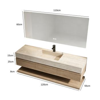 Muxing Badmöbel-Set mit Sinterstein-Waschbecken in Travertine look, verdecktem Ablauf, Spiegel, Unterschrank, Ablage, Ablaufgarnitur【NF1798 K】