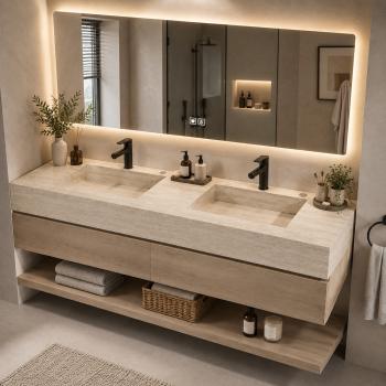 Muxing Badmöbel-Set mit Sinterstein-Doppelwaschbecken in Travertine look, verdecktem Ablauf, Spiegel, Unterschrank, Ablage, Ablaufgarnitur【NF6848 K】