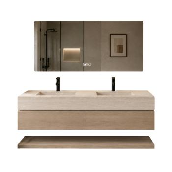 Muxing Badmöbel-Set mit Sinterstein-Doppelwaschbecken in Travertine look, verdecktem Ablauf, Spiegel, Unterschrank, Ablage, Ablaufgarnitur【NF6848 K】