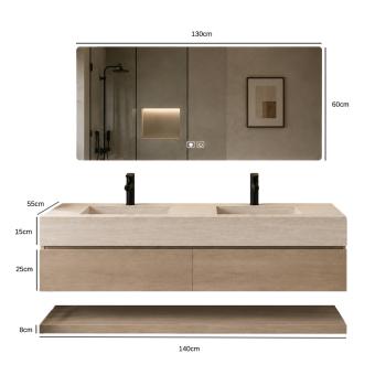 Muxing Badmöbel-Set mit Sinterstein-Doppelwaschbecken in Travertine look, verdecktem Ablauf, Spiegel, Unterschrank, Ablage, Ablaufgarnitur【NF6848 K】