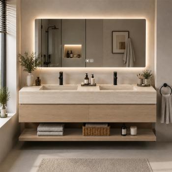 Preview: Muxing Badmöbel-Set mit Sinterstein-Doppelwaschbecken in Travertine look, verdecktem Ablauf, Spiegel, Unterschrank, Ablage, Ablaufgarnitur【NF6848 K】