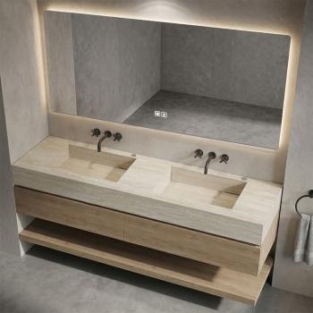Muxing Badmöbel-Set mit Sinterstein-Doppelwaschbecken in Travertine look, verdecktem Ablauf, Spiegel, Unterschrank, Ablage, Ablaufgarnitur【NF6848BKK】