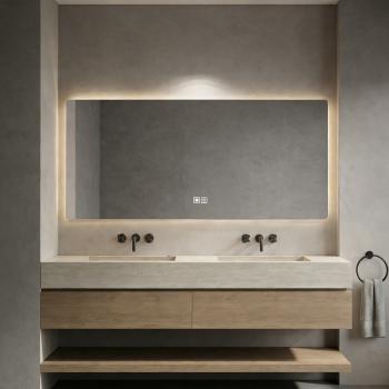 Preview: Muxing Badmöbel-Set mit Sinterstein-Doppelwaschbecken in Travertine look, verdecktem Ablauf, Spiegel, Unterschrank, Ablage, Ablaufgarnitur【NF6848BKK】