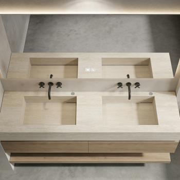 Preview: Muxing Badmöbel-Set mit Sinterstein-Doppelwaschbecken in Travertine look, verdecktem Ablauf, Spiegel, Unterschrank, Ablage, Ablaufgarnitur【NF6848BKK】