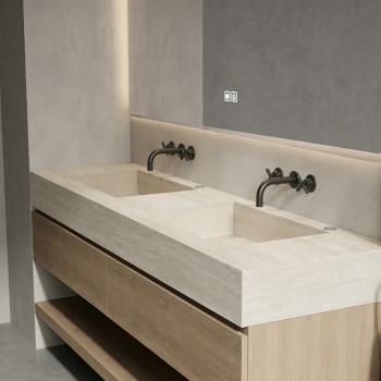 Preview: Muxing Badmöbel-Set mit Sinterstein-Doppelwaschbecken in Travertine look, verdecktem Ablauf, Spiegel, Unterschrank, Ablage, Ablaufgarnitur【NF6848BKK】