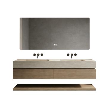 Muxing Badmöbel-Set mit Sinterstein-Doppelwaschbecken in Travertine look, verdecktem Ablauf, Spiegel, Unterschrank, Ablage, Ablaufgarnitur【NF6848BKK】