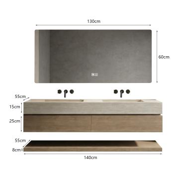 Muxing Badmöbel-Set mit Sinterstein-Doppelwaschbecken in Travertine look, verdecktem Ablauf, Spiegel, Unterschrank, Ablage, Ablaufgarnitur【NF6848BKK】