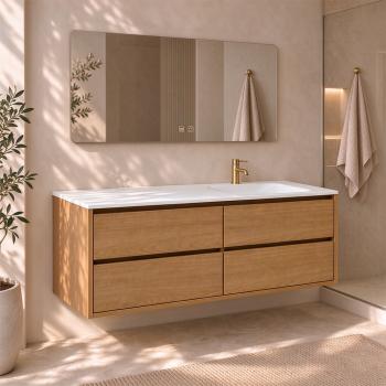 Preview: Muxing Badmöbel Set Wandhängend Modern Waschtisch mit Waschbecken aus Sinterstein Unterschrank mit Schubladen Spiegel für Badezimmer 【RW192 K】
