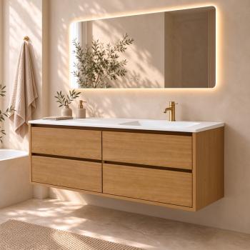 Preview: Muxing Badmöbel Set Wandhängend Modern Waschtisch mit Waschbecken aus Sinterstein Unterschrank mit Schubladen Spiegel für Badezimmer 【RW192 K】