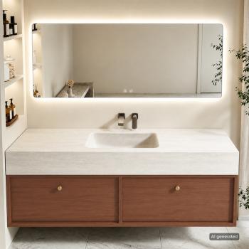 Muxing Badmöbel-Set mit Sinterstein - Waschbecken, wandhängendem Waschtischunterschrank und Spiegel, moderner Waschplatz fürs Badezimmer 120×55 cm【RW211BKK】