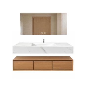 Preview: Muxing Waschtisch Set mit Waschbecken aus Sinterstein Waschbeckenunterschrank mit Schubladen und Spiegel Badmöbel Set wandhängend Modern【RW277 K】