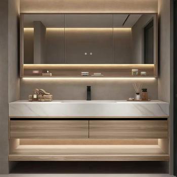 Sinterstein Waschbecken weiß Arbeitsplatte Holzmaserung Unterschrank Set mit Spiegelschrank 【RW3256JG】
