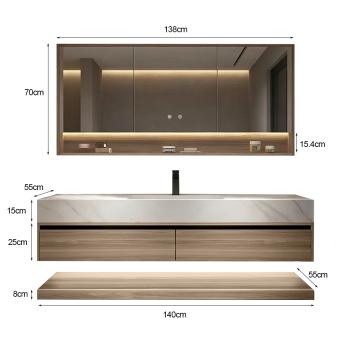 Sinterstein Waschbecken weiß Arbeitsplatte Holzmaserung Unterschrank Set mit Spiegelschrank 【RW3256JG】