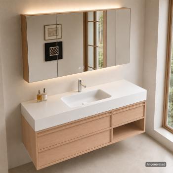 Preview: Muxing Modernes Badmöbel-Set, wandhängender Waschtisch mit Sinterstein-Waschbecken, LED-Spiegelschrank, Unterschrank und Ablaufset 【RW720JG】