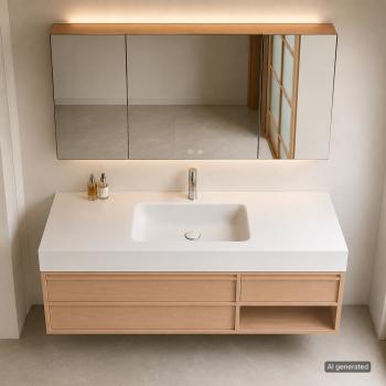 Preview: Muxing Modernes Badmöbel-Set, wandhängender Waschtisch mit Sinterstein-Waschbecken, LED-Spiegelschrank, Unterschrank und Ablaufset 【RW720JG】