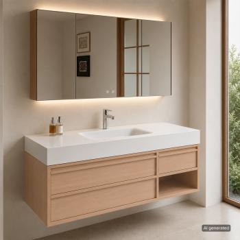 Preview: Muxing Modernes Badmöbel-Set, wandhängender Waschtisch mit Sinterstein-Waschbecken, LED-Spiegelschrank, Unterschrank und Ablaufset 【RW720JG】