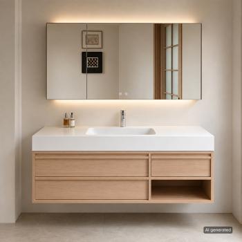 Muxing Modernes Badmöbel-Set, wandhängender Waschtisch mit Sinterstein-Waschbecken, LED-Spiegelschrank, Unterschrank und Ablaufset 【RW720JG】