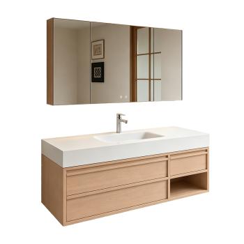 Muxing Modernes Badmöbel-Set, wandhängender Waschtisch mit Sinterstein-Waschbecken, LED-Spiegelschrank, Unterschrank und Ablaufset 【RW720JG】