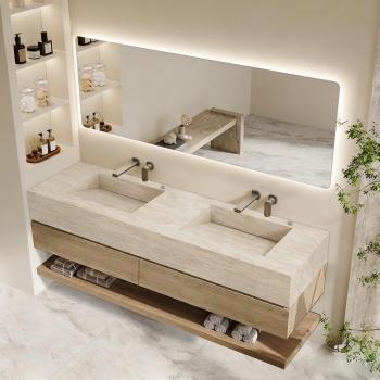 Muxing Badmöbel-Set mit Sinterstein-Doppelwaschbecken in Travertine look, verdecktem Ablauf, Spiegel, Unterschrank, Ablage, Ablaufgarnitur【SPX57-DS】